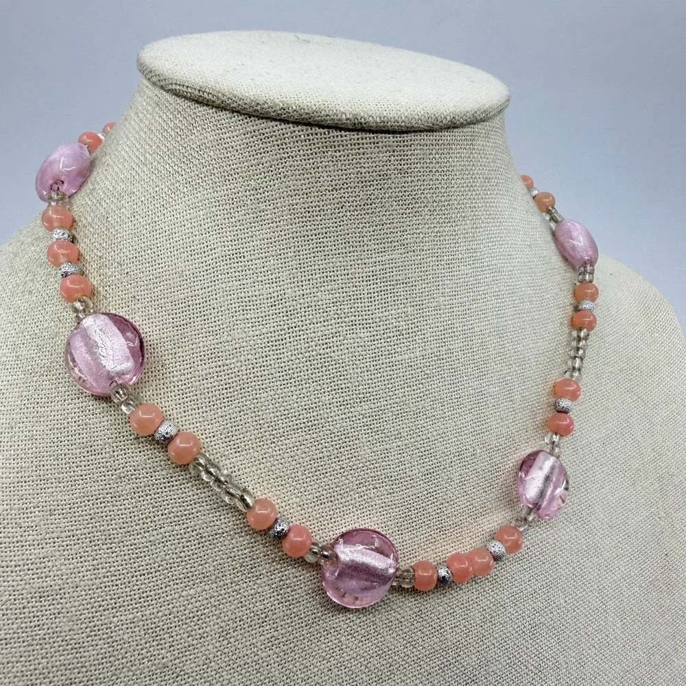 Necklace Pink Foil Glass Bead Peach Coral Silver Tone Boho Artisan Statement
